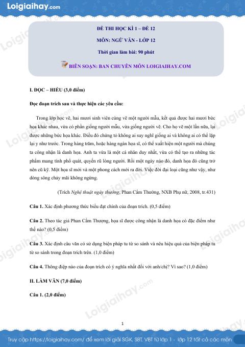 Đề số 12 - Đề kiểm tra học kì 1 - Ngữ văn 12